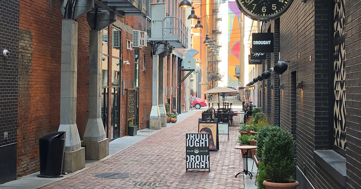 Parker’s Alley in Detroit created an authentic streetscape using reclaimed street brick pavers