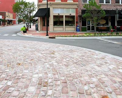 Traffic circle in a historic district streetscape